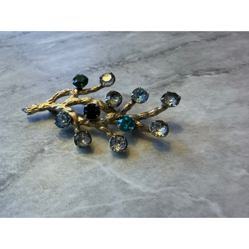 Van Dell Vintage 12k‎ Gold Filled Rhinestone Branch Brooch Pin Multi-Color Stone
